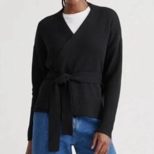 Quince Mongolian 100% Cashmere Wrap Sweater Black Tie Waist Cardigan Large